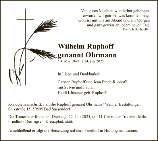 Todesanzeige von Wilhelm Ruphoff von HASO