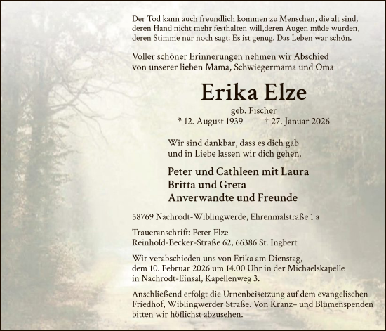 Todesanzeige von Erika Elze von HALN