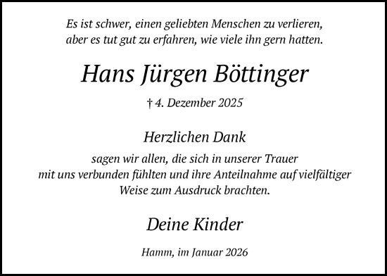 Todesanzeige von Hans Jürgen Böttinger von HAWA
