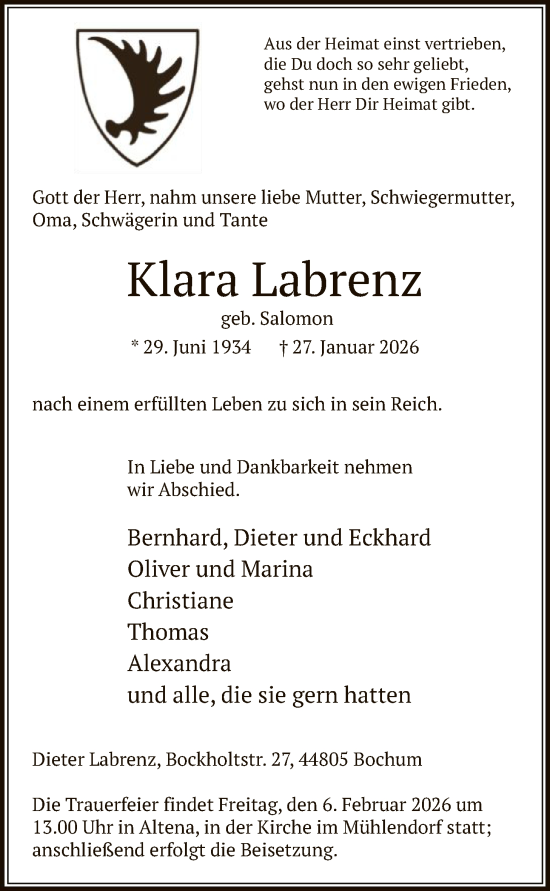 Todesanzeige von Klara Labrenz von HALN