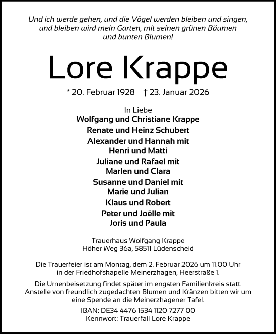 Todesanzeige von Lore Krappe von HALN