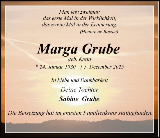 Todesanzeige von Marga Grube von HALN