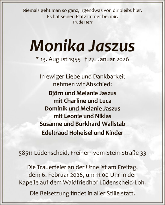 Todesanzeige von Monika Jaszus von HALN