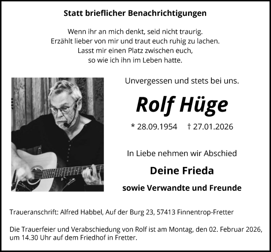 Todesanzeige von Rolf Hüge von HASK