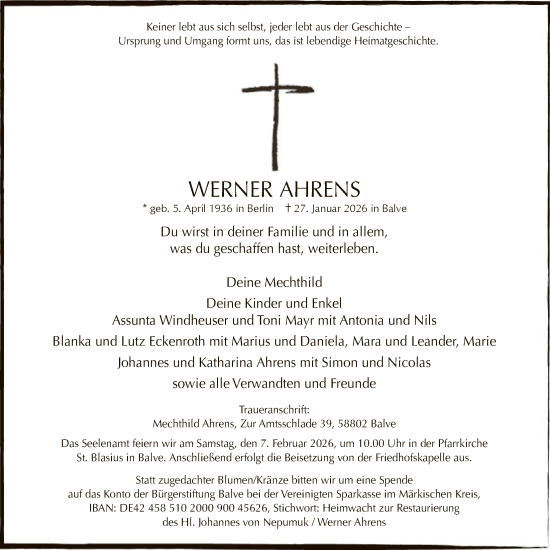 Todesanzeige von Werner Ahrens von HALN