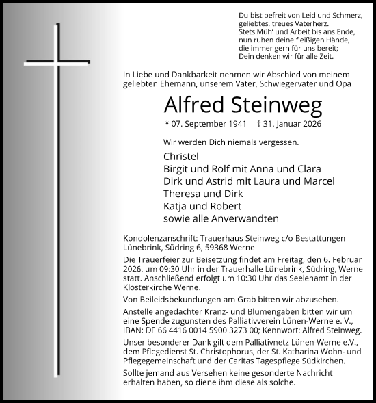 Todesanzeige von Alfred Steinweg von HAWA