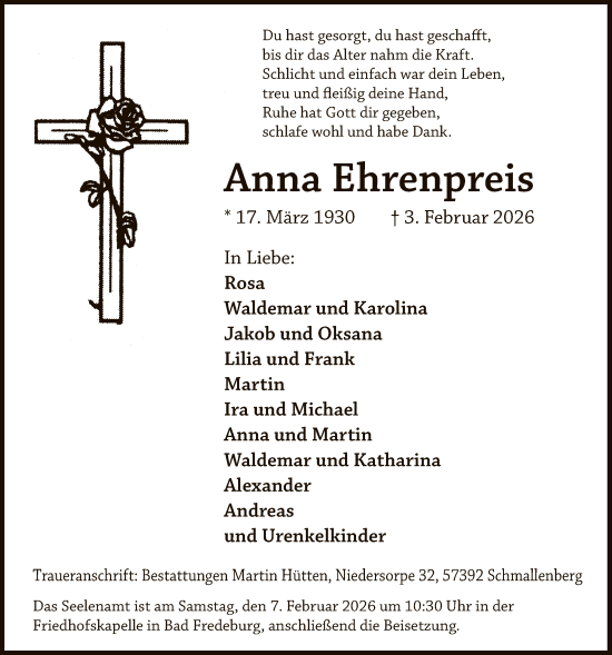 Todesanzeige von Anna Ehrenpreis von HASK