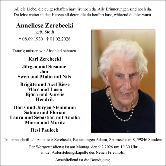 Todesanzeige von Anneliese Zerebecki von HASK