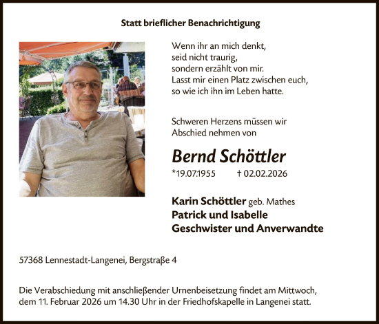 Todesanzeige von Bernd Schöttler von HASK