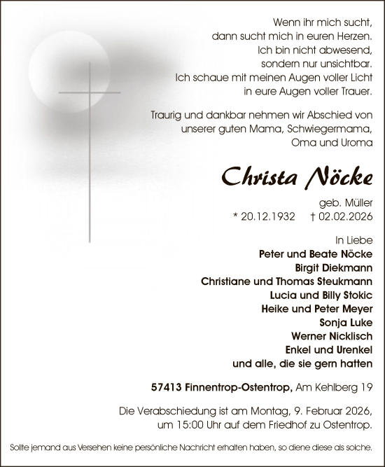 Todesanzeige von Christa Nöcke von HASK