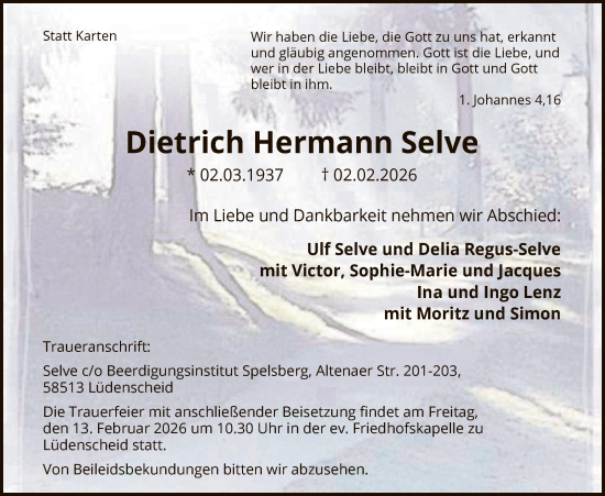 Todesanzeige von Dietrich Hermann Selve von HALN