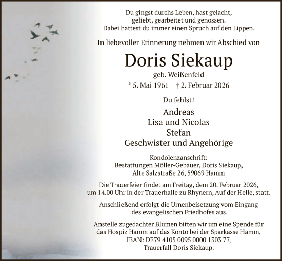 Todesanzeige von Doris Siekaup von HAWA