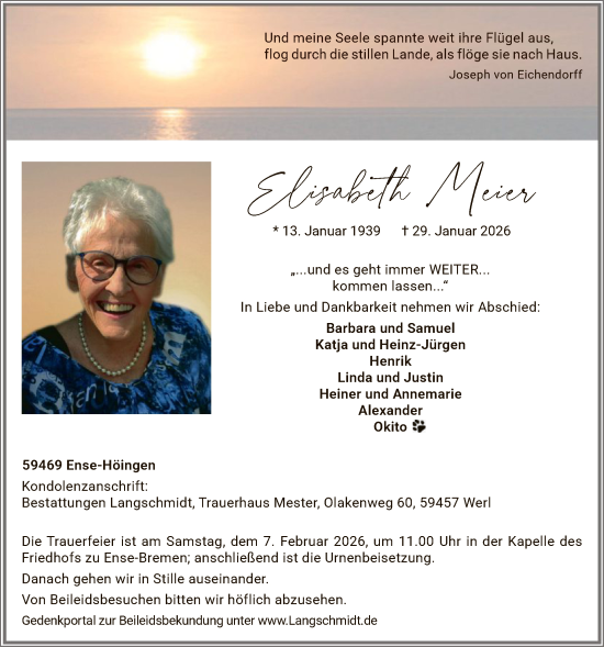 Todesanzeige von Elisabeth Meier von HASO
