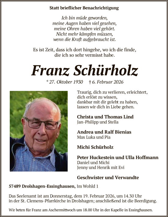 Todesanzeige von Franz Schürholz von HASK