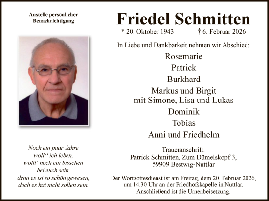 Todesanzeige von Friedel Schmitten von HASK