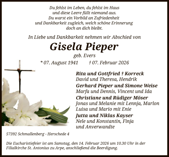 Todesanzeige von Gisela Pieper von HASK