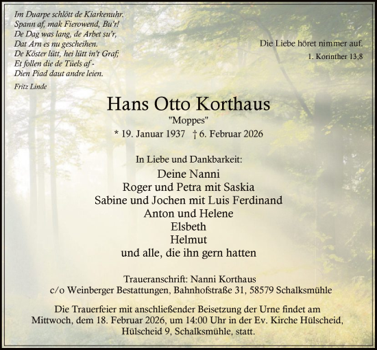 Todesanzeige von Hans Otto Korthaus von HALN