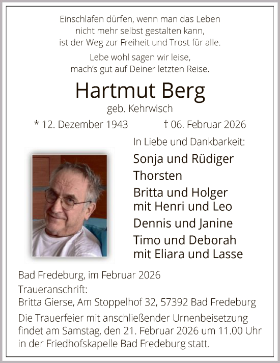 Todesanzeige von Hartmut Berg von HASK