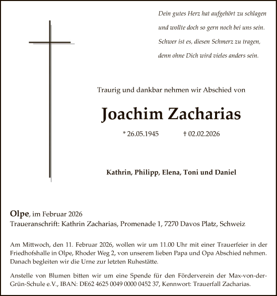 Todesanzeige von Joachim Zacharias von HASK