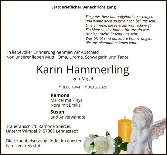 Todesanzeige von Karin Hämmerling von HASK