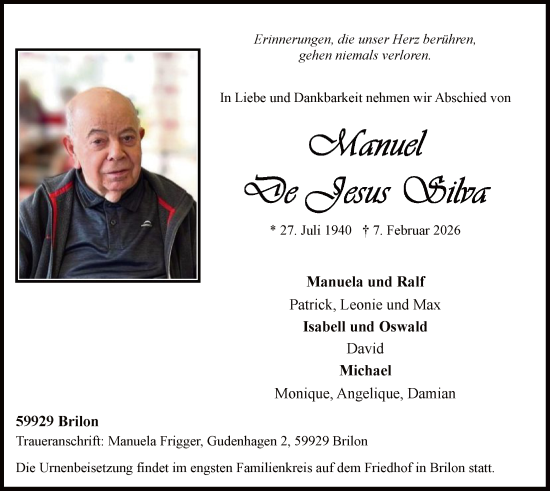Todesanzeige von Manuel De Jesus Silva von HASK