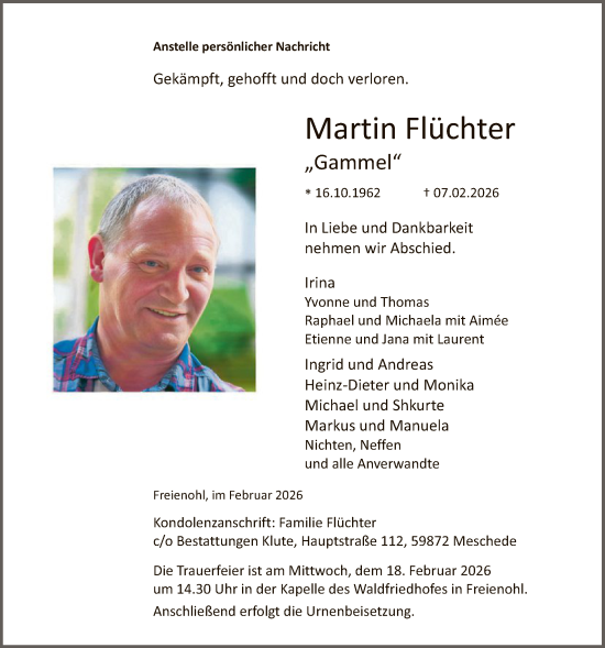 Todesanzeige von Martin Flüchter von HASK