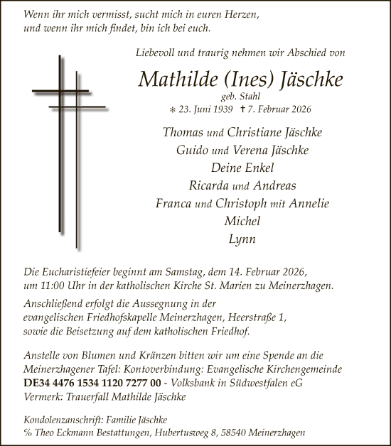 Todesanzeige von Mathilde Jäschke von HALN