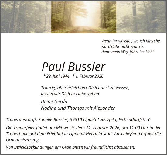 Todesanzeige von Paul Bussler von HASO