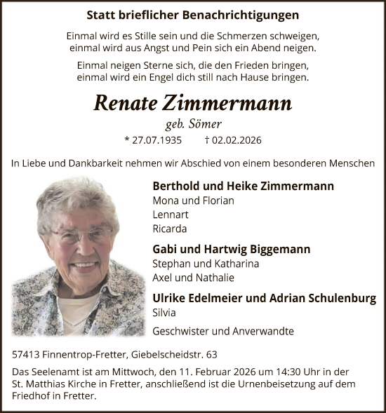 Todesanzeige von Renate Zimmermann von HASK