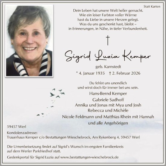 Todesanzeige von Sigrid Luzia Kemper von HASO