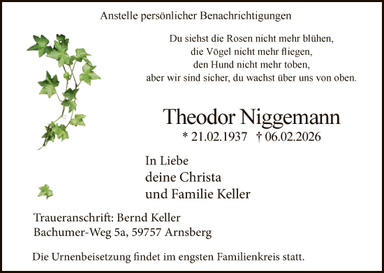 Todesanzeige von Theodor Niggemann von HASK