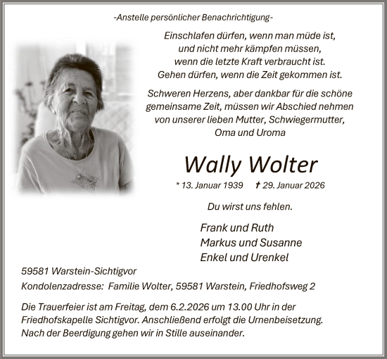 Todesanzeige von Wally Wolter von HASO