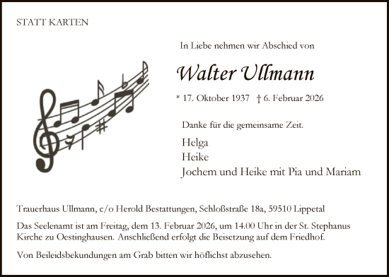 Todesanzeige von Walter Ullmann von HASO