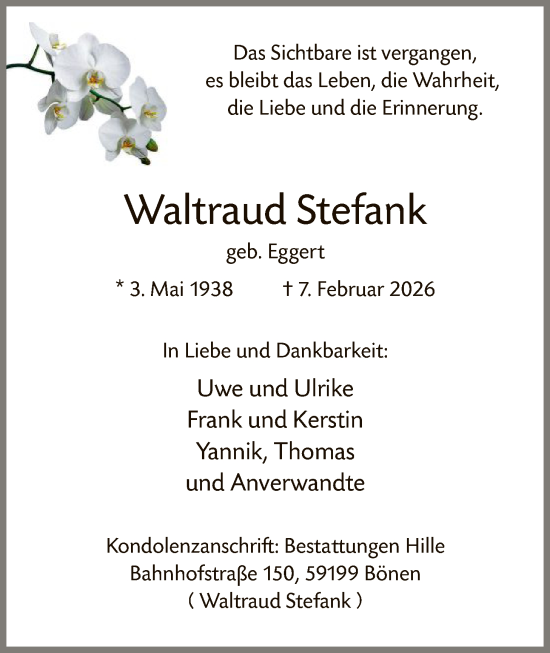 Todesanzeige von Waltraud Stefank von HAWA