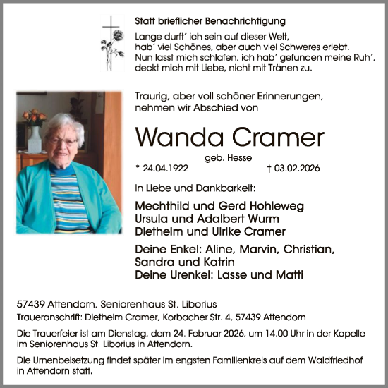 Todesanzeige von Wanda Cramer von HASK
