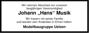 Todesanzeige von Johann Musik von ALLGEMEINE ZEITUNG UELZEN