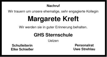 Todesanzeige von Margarete Kreft von ALLGEMEINE ZEITUNG UELZEN