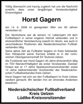Todesanzeige von Horst Gagern von ALLGEMEINE ZEITUNG UELZEN
