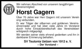 Todesanzeige von Horst Gagern von ALLGEMEINE ZEITUNG UELZEN