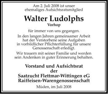 Todesanzeige von Walter Ludolphs von ALLGEMEINE ZEITUNG UELZEN