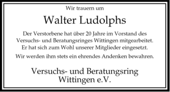 Todesanzeige von Walter Ludolphs von ALLGEMEINE ZEITUNG UELZEN