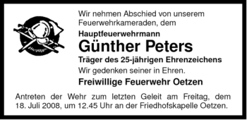 Todesanzeige von Günther Peters von ALLGEMEINE ZEITUNG UELZEN