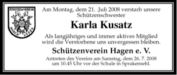 Todesanzeige von Karla Kusatz von ALLGEMEINE ZEITUNG UELZEN