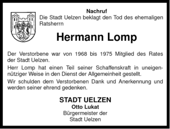 Todesanzeige von Hermann Lomp von ALLGEMEINE ZEITUNG UELZEN