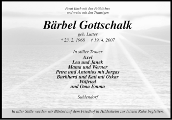 Todesanzeige von Bärbel Gottschalk von ALLGEMEINE ZEITUNG UELZEN