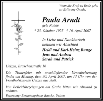 Todesanzeige von Paula Arndt von ALLGEMEINE ZEITUNG UELZEN