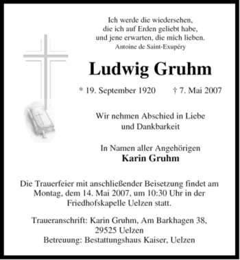 Todesanzeige von Ludwig Gruhm von ALLGEMEINE ZEITUNG UELZEN