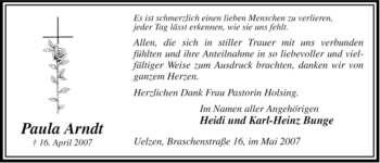 Todesanzeige von Paula Arndt von ALLGEMEINE ZEITUNG UELZEN