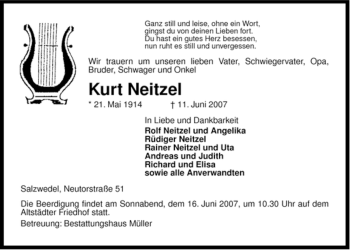 Todesanzeige von Kurt Neitzel von ALLGEMEINE ZEITUNG UELZEN