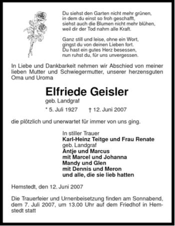 Todesanzeige von Elfriede Geisler von ALLGEMEINE ZEITUNG UELZEN